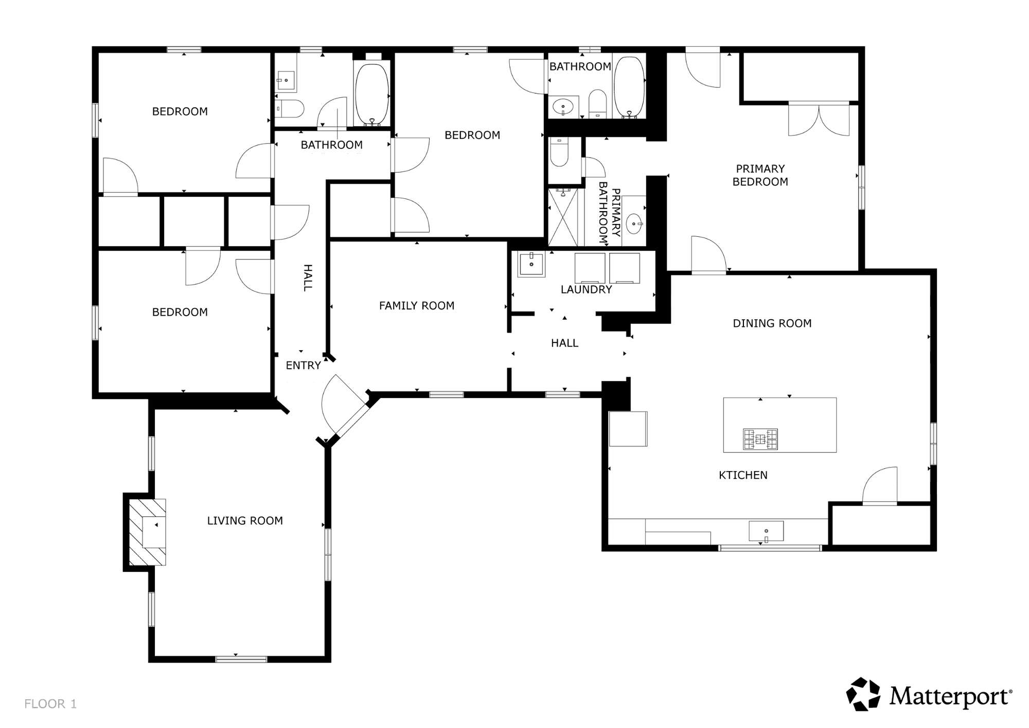 Floor plan of 1040 Hess Terrace showing four bedrooms including the primary suite, three bathrooms, living room, family room, kitchen, dining room, and laundry