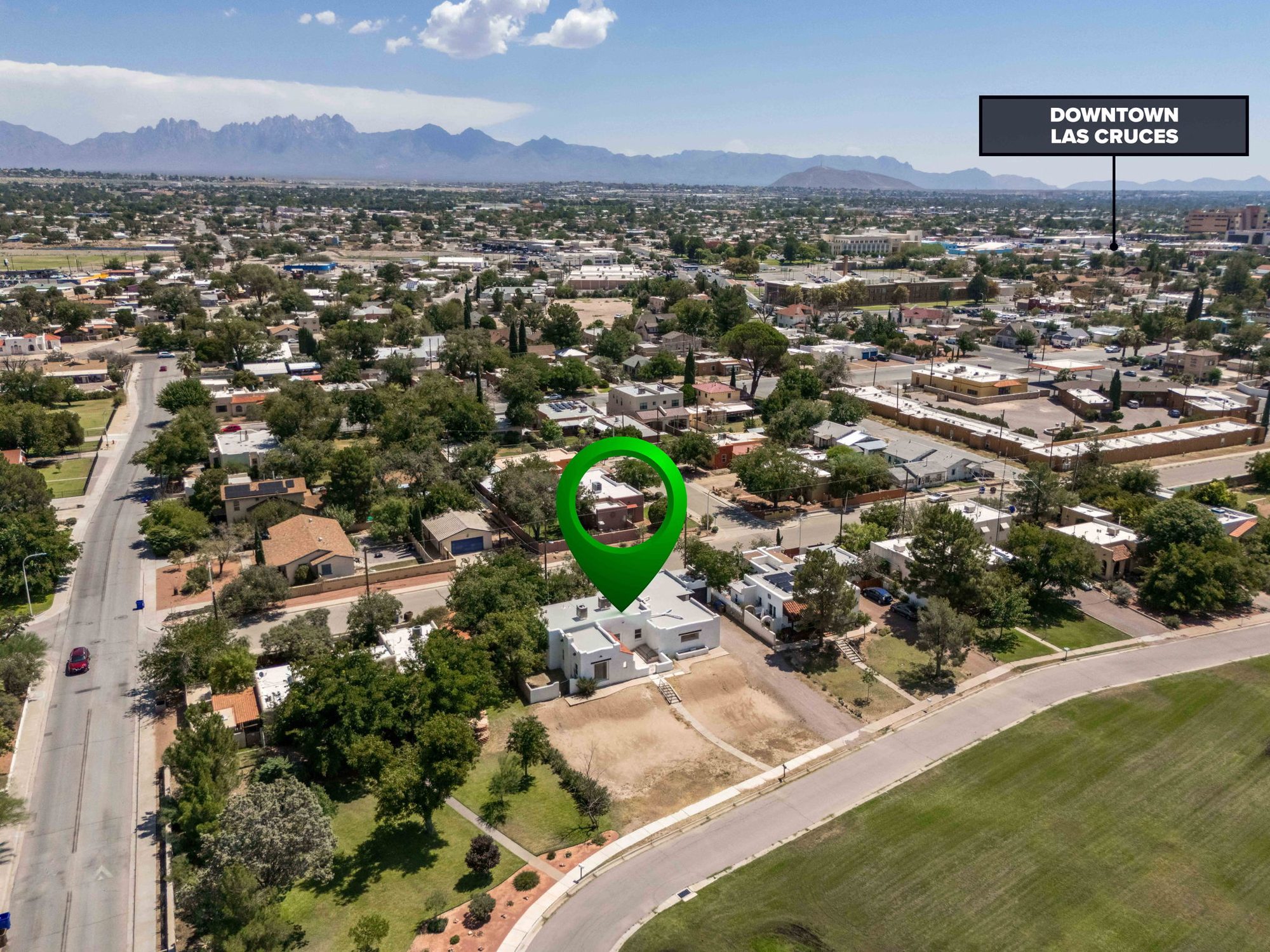 Aerial view toward downtown Las Cruces and the Organ Mountains