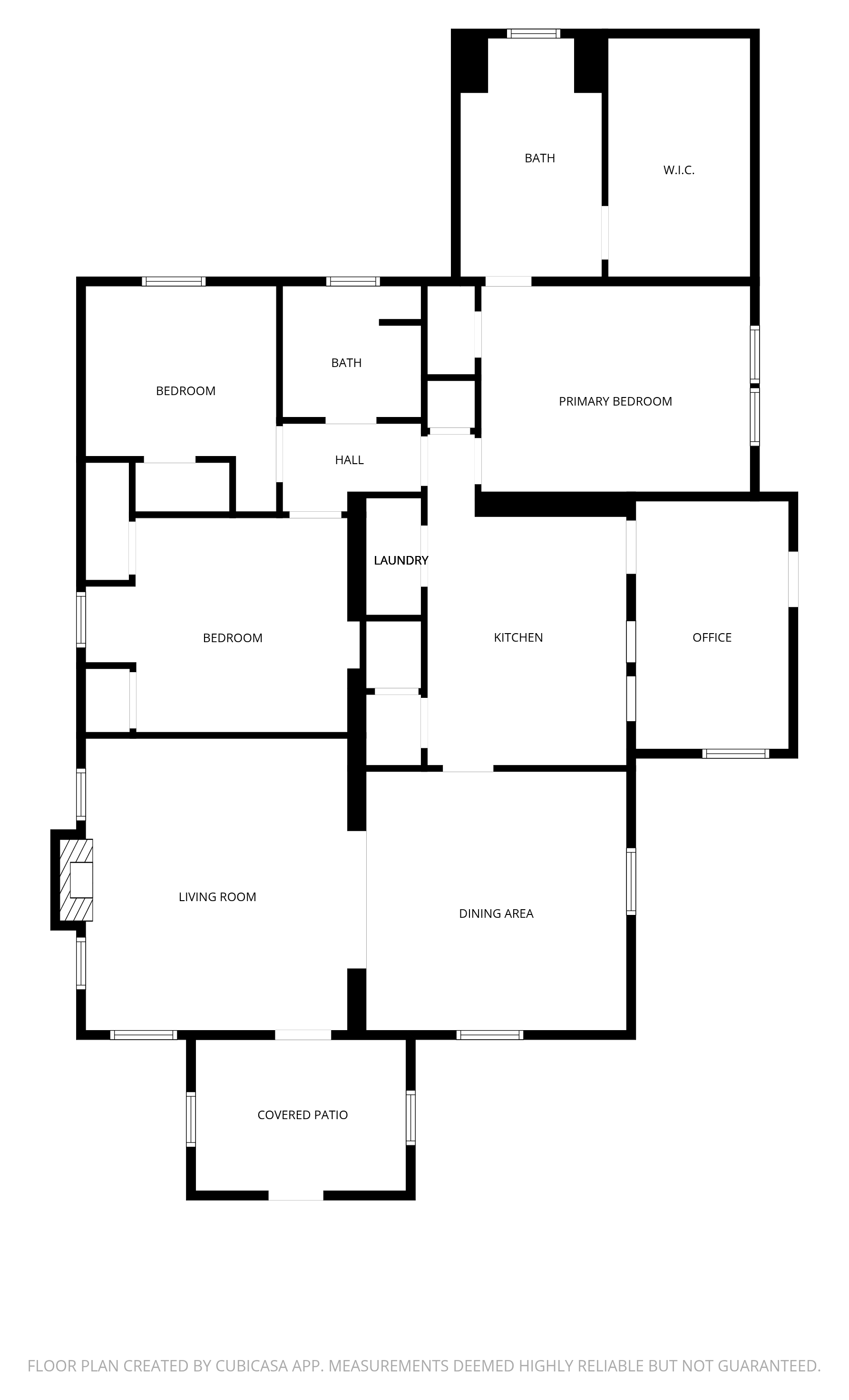 Floor plan of 335 Armstrong showing three bedrooms, two baths, living room, dining area, kitchen, office, laundry, and covered patio