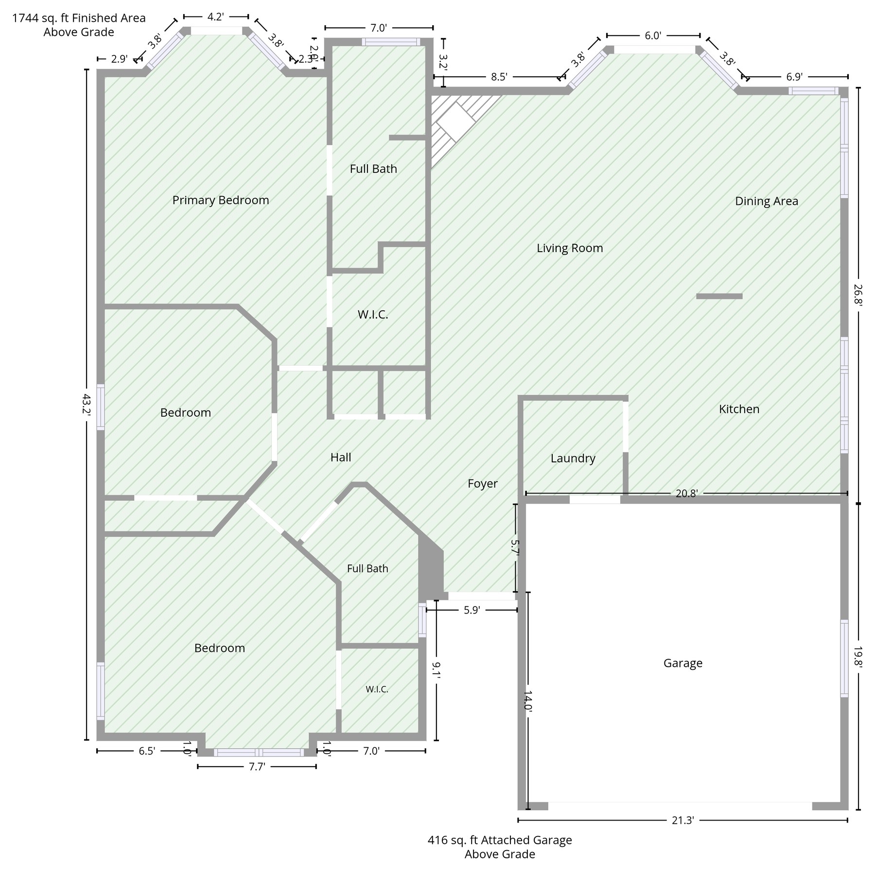 Floor plan of 4923 S South Fork Road: 3 bedrooms, 2 full baths, 1,744 sq ft, attached two-car garage