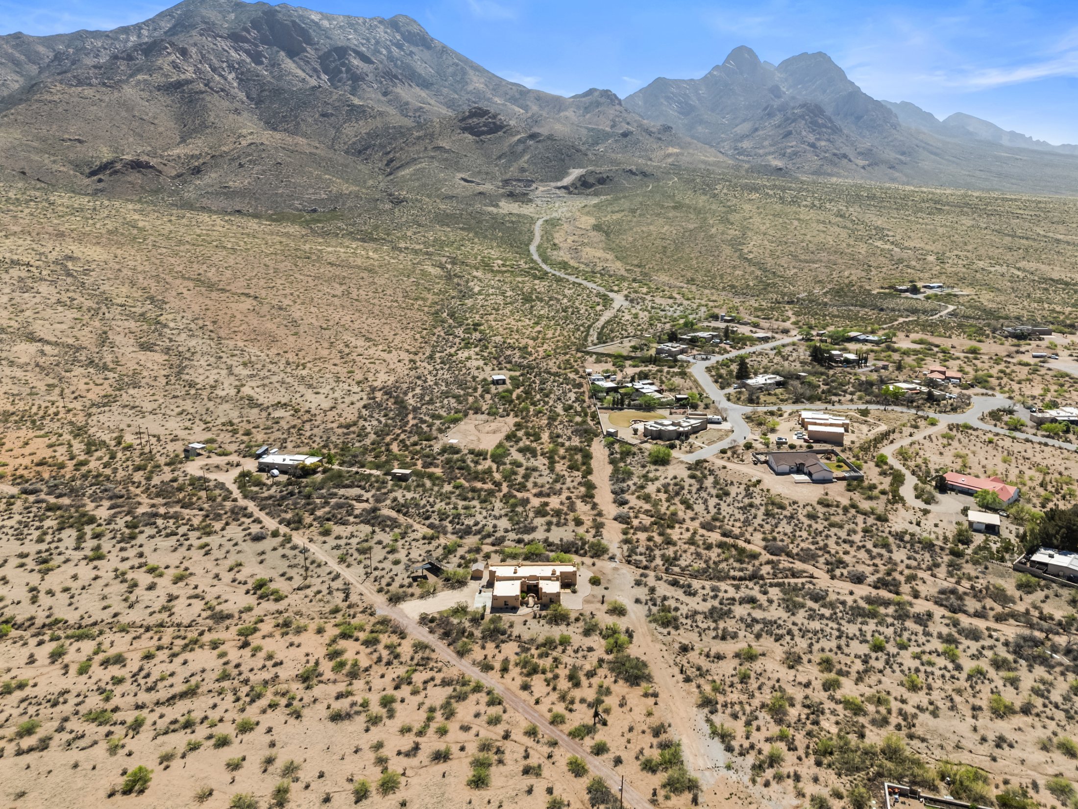 Aerial view over the desert toward the Organ Mountains at Baylor Canyon
