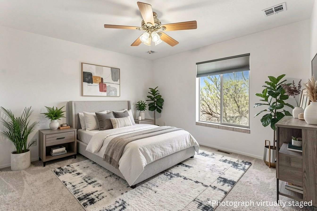 Bedroom with desert view, virtually staged