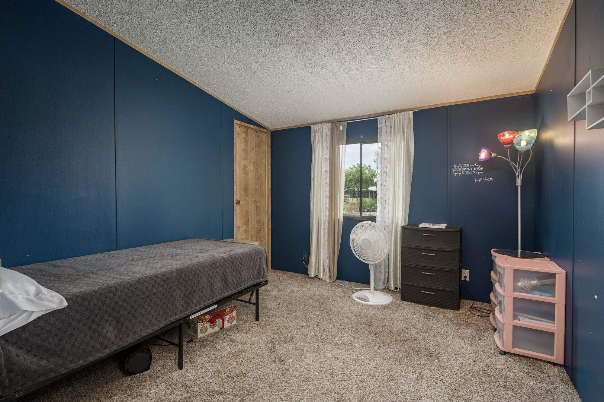 Second bedroom with navy walls and closet